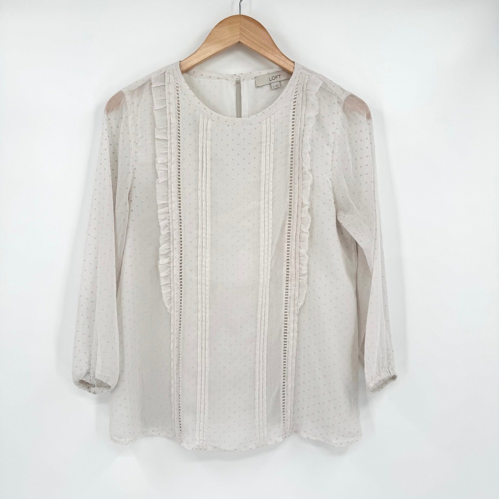 LOFT White Swiss Dot Ruffle‎ Ladder Lace Blouse Long Sleeve Top Small